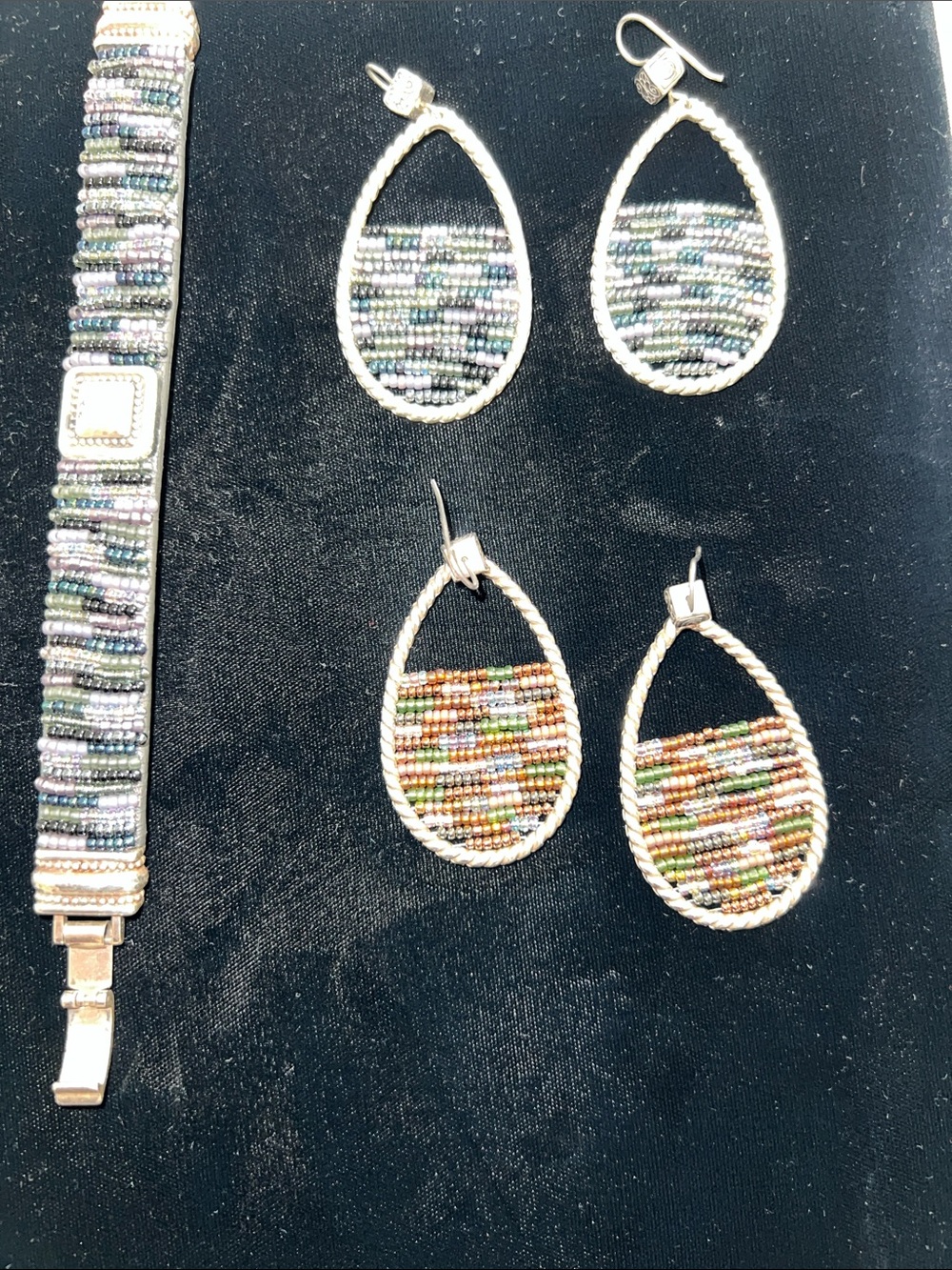 Brighton Multicolor Seed Bead Teardrop Earrings - Silver Rope Frame